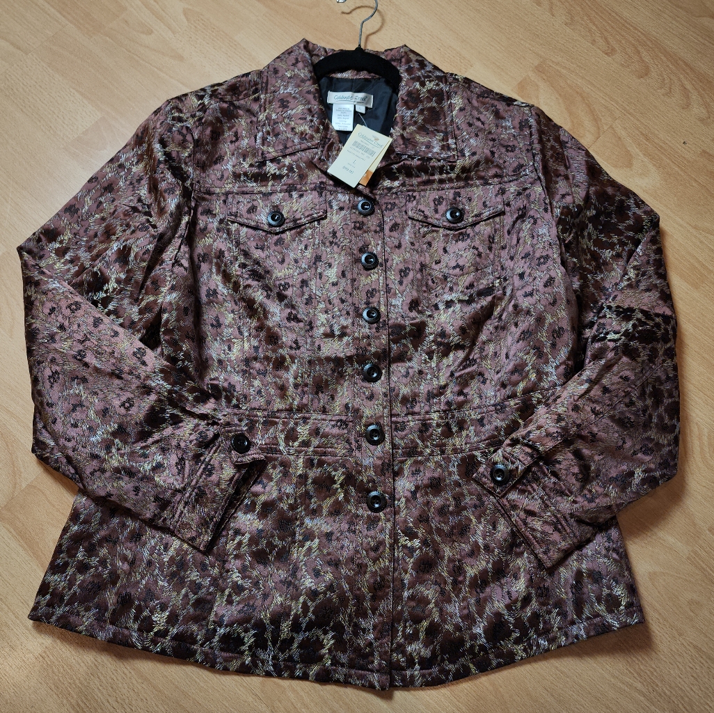 Nwt Coldwater Creek Jacket Brown Satin Silver Gold Animal Print Size Large